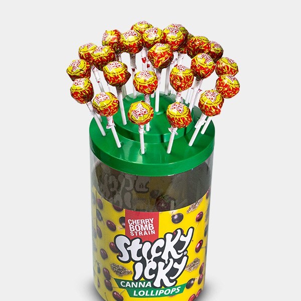 Piruletas Sabor Cannabis Sticky Icky cherry bomb display