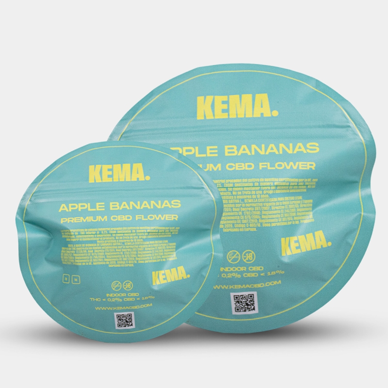Flores Apple Bananas Cali CBD KEMA envase parte trasera todos los formatos