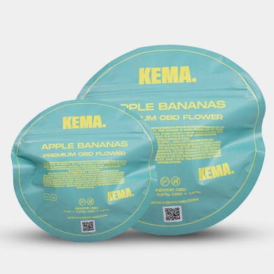 Flores Apple Bananas Cali CBD KEMA envase parte trasera todos los formatos