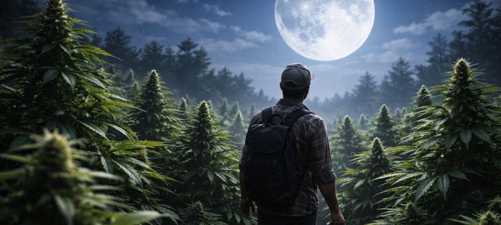Cultivador bajo la luna llena y rodeado de plantas de cannabis, mostrando la relación que exite entre el cannabis y luna