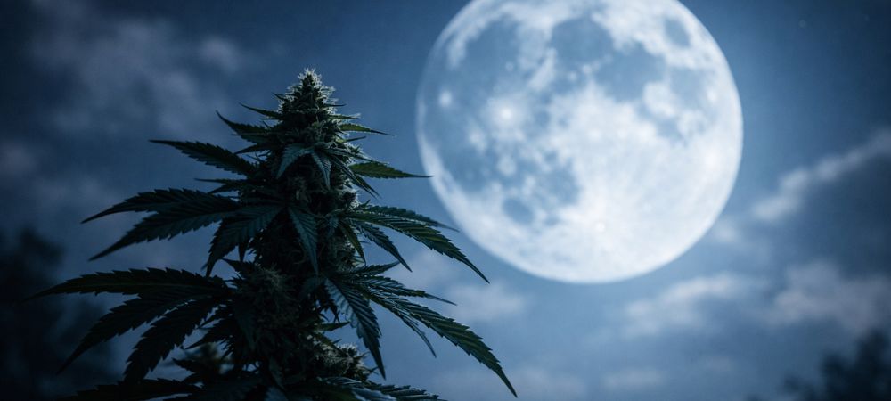 Une plante de cannabis sous la pleine lune, illustrant le lien entre le cannabis et la lune