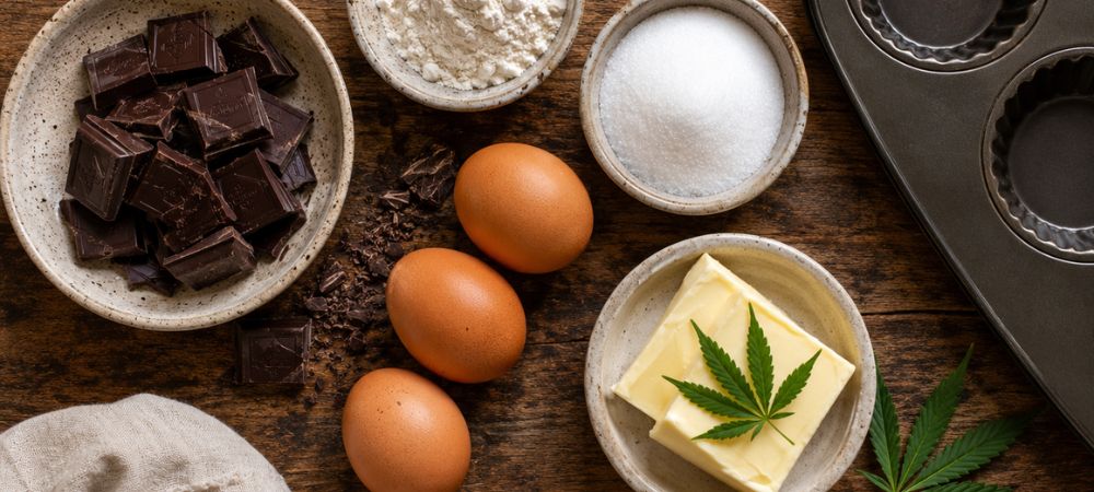 Ingredientes principais para preparar um coulant de chocolate com canábis