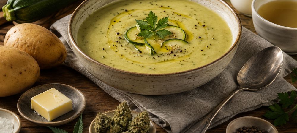 soupe au cannabis servie dans une assiette, accompagnée de ses principaux ingrédients