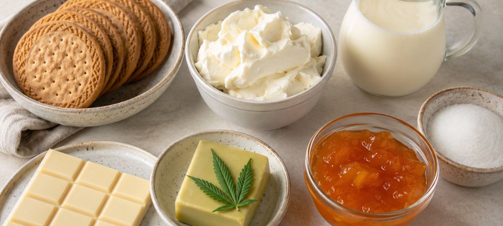 Ingredientes necessários para fazer uma deliciosa tarte de queijo e chocolate branco com canábis