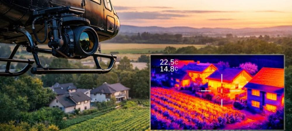 Cámara térmica en helicóptero analizando diferencias de temperatura en viviendas, origen del mito del cultivo indetectable
