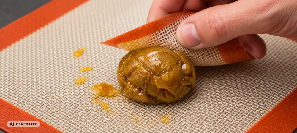 mano moldeando resina con todo dorado ámbar sobre un tapete de silicona