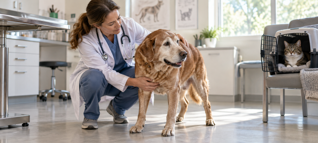 doctora revisando perro en consulta