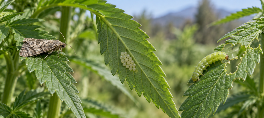 ciclo de la polilla y aparición de orugas en plantas