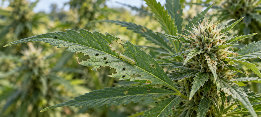 señales de una plaga de orugas en una planta de marihuana