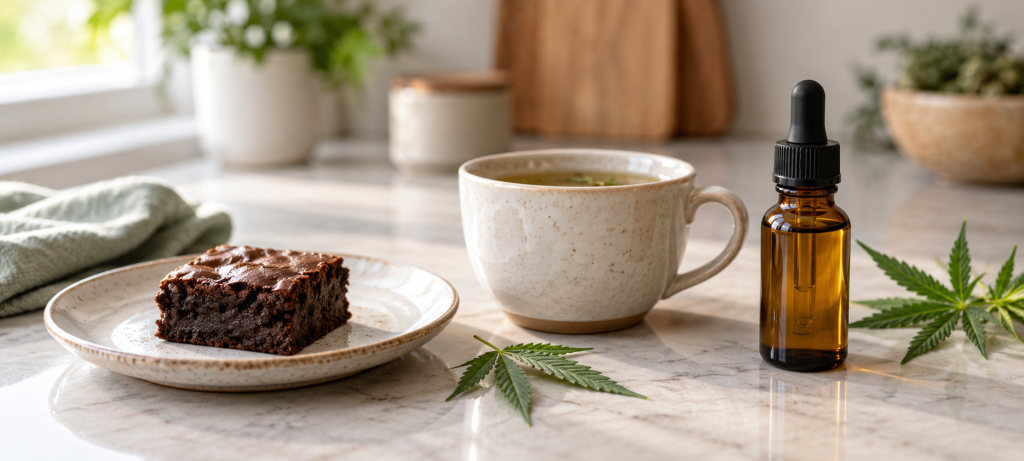 cannabis ingerido en formato brownie, taza de té con cannabis o infusión y aceite CBD