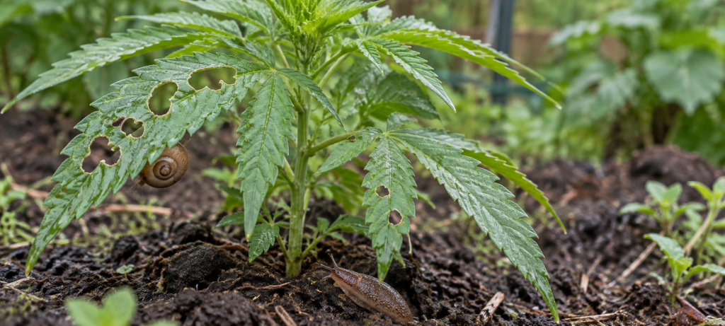 plaga de caracoles infestando planta de marihuana