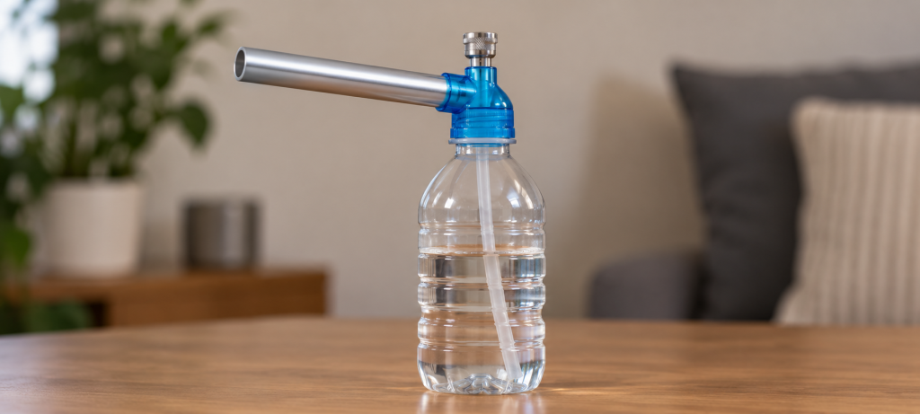 water puff montado en una botella de agua pequeña