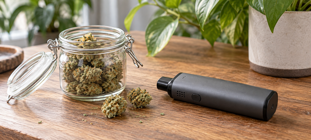 flores secas en tarro de cristal junto a un vaporizador