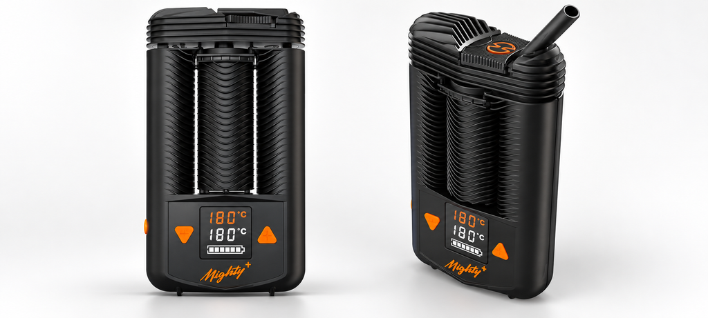 Vista delantera y con detalle del vaporizador Mighty+Storz & Bickel