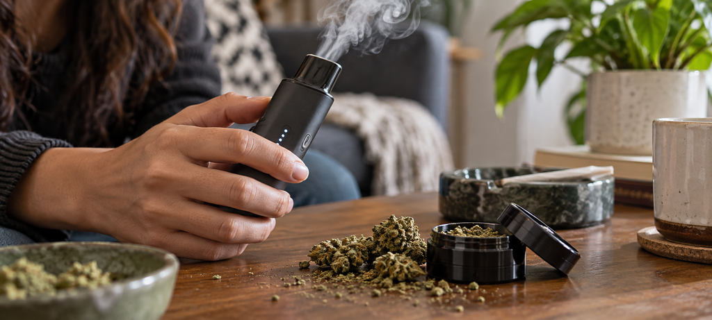 ¿vapear o fumar? vapeador enchufado junto a bote de marihuana seca