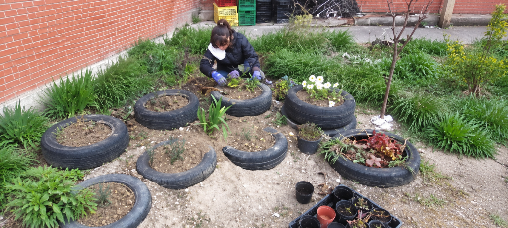 jardinero en neumáticos reutilizados