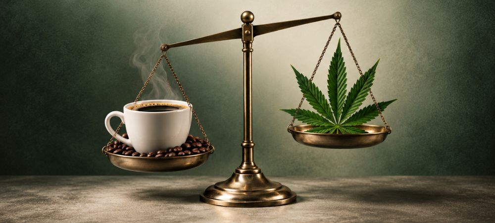 balanza que contiene el peso de la adicción de la cafeína y cannabis  en comparanza