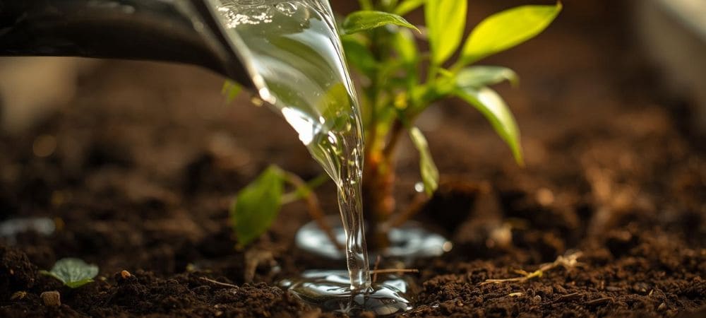 Riego de una plántula con agua clara sobre sustrato húmedo, mostrando el crecimiento temprano de una planta en un entorno natural.