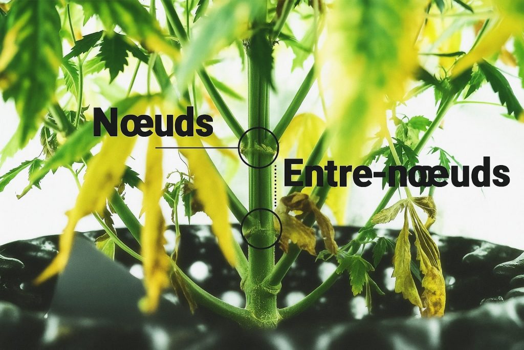 La tige d'une plante montrant l'emplacement des nœuds et des entre-nœuds, indiqués par du texte et des cercles explicatifs.