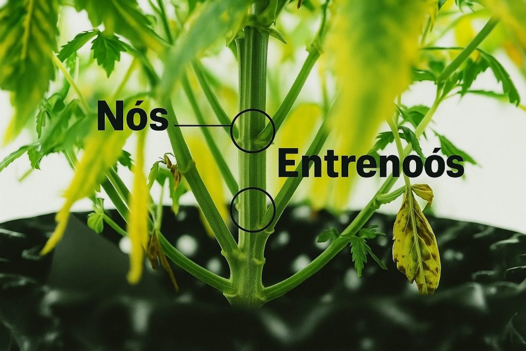Close-up do caule de uma planta mostrando a localização dos nós e entrenós, indicados com texto e círculos explicativos.