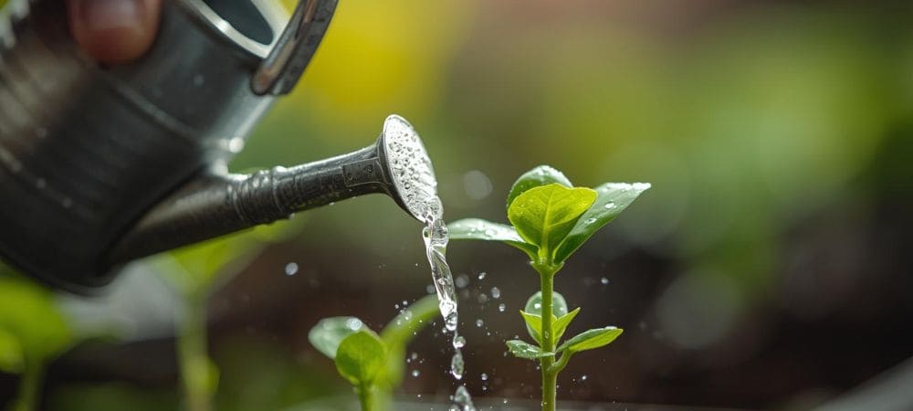 Regadera metálica vertiendo agua sobre pequeños brotes verdes, ilustrando el cuidado y riego de plantas jóvenes