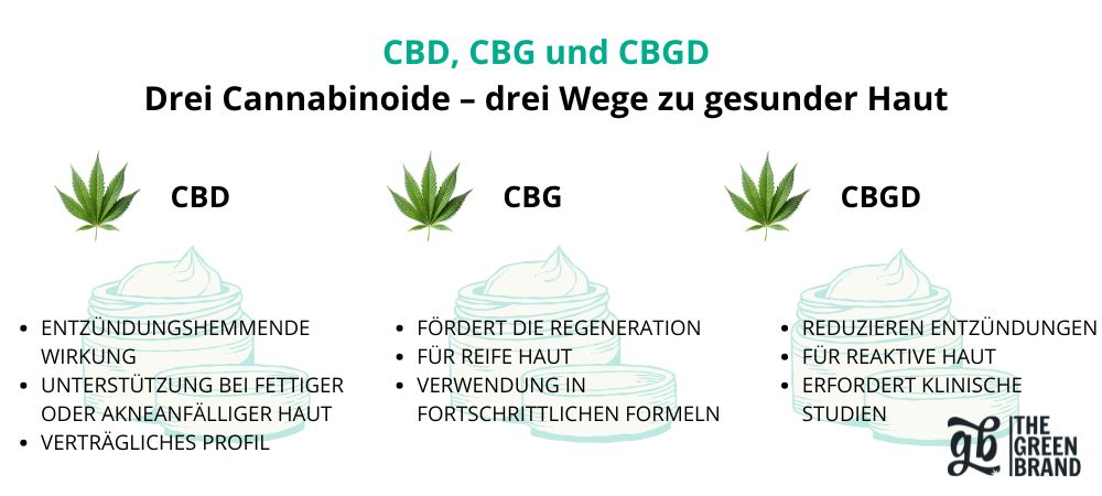 Vergleichende Infografik der Cannabinoide CBD, CBG und CBGD mit ihren wichtigsten kosmetischen Vorteilen für verschiedene Hauttypen.