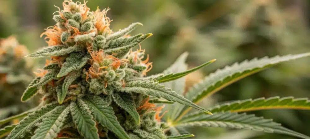 Cogollo de marihuana cheese en primer plano, cubierto de resina y pistilos anaranjados, con hojas verdes dentadas y fondo desenfocado.