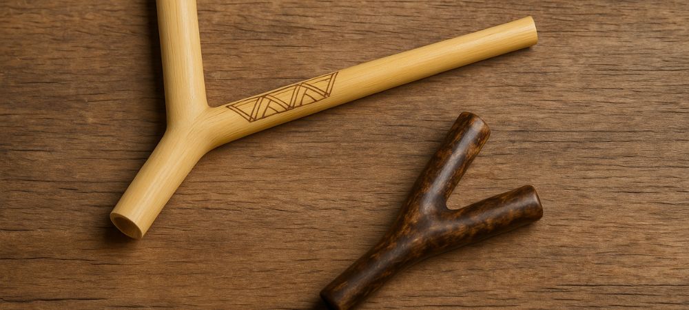 kuripé de madera oscura junto con tepi de madera color clara al lado sobre mesa de madera