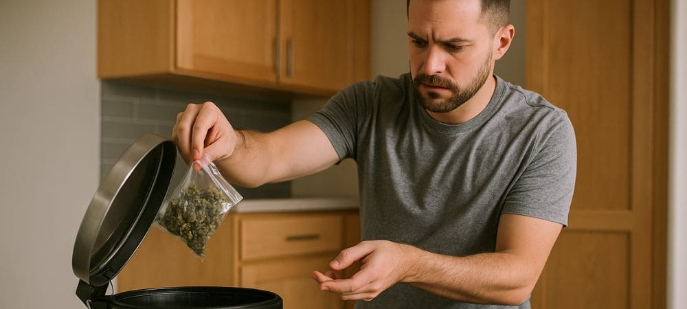 hombre tirando marihuana a la basura de su casa