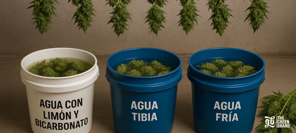 Tres cubos etiquetados como “agua con limón y bicarbonato”, “agua tibia” y “agua fría” utilizados para lavar cogollos de cannabis, con ramas colgadas boca abajo en proceso de secado.