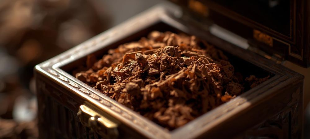 Caja de madera abierta con rapé tabaco en el interior