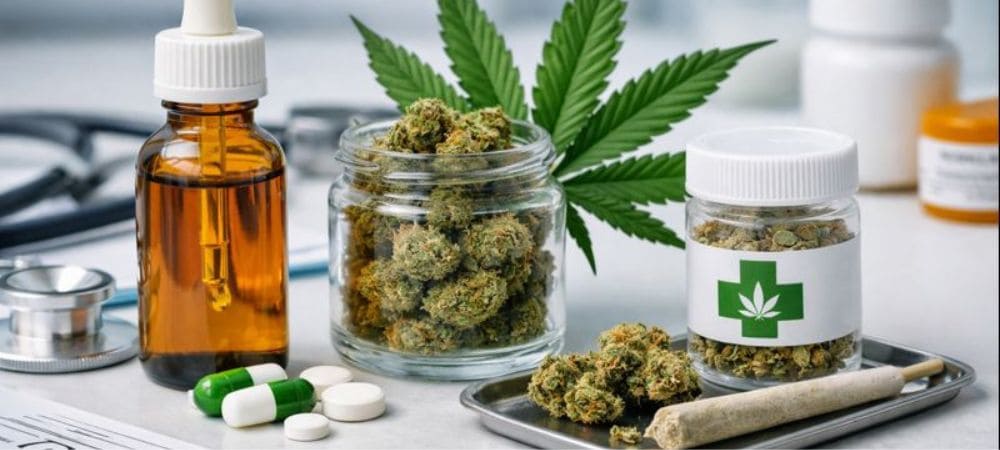 Cannabis in different medicinal formats alongside medical instruments, representing therapeutic use, research, and cannabis regulation.