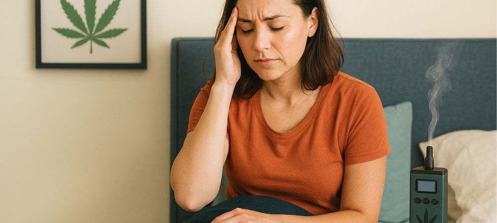 Pessoa com enxaqueca junto a um vaporizador de cannabis ligado