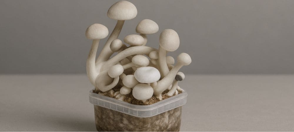 Kit de cultivo com cogumelos Treasure Coast Albino em diferentes fases de crescimento, ilustrando uma frutificação densa e saudável sobre substrato micológico