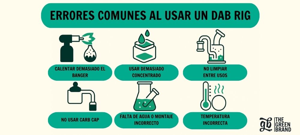 Infografía sobre errores comunes al usar un dab rig: calentar demasiado el banger, usar demasiado concentrado, no limpiar entre usos, no usar carb cap, falta de agua o mal montaje y temperatura incorrecta.