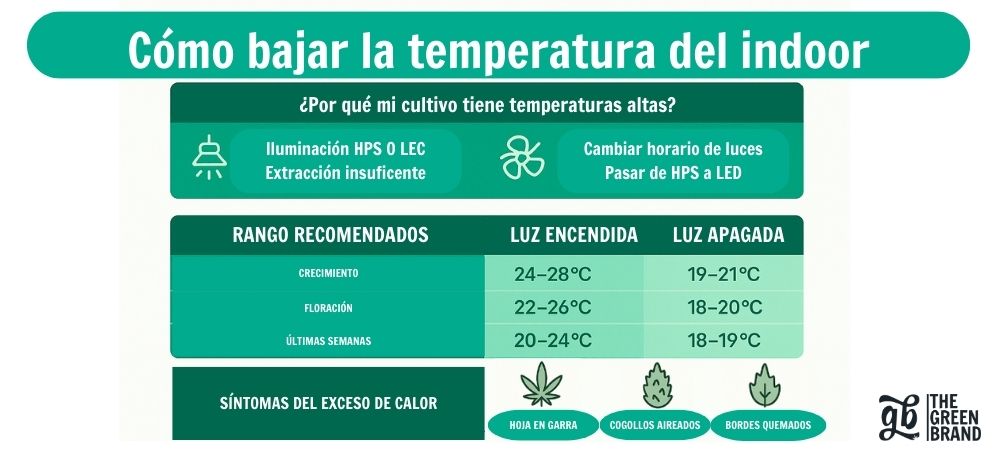 infografía de GB The Green Brand con consejos para bajar la temperatura en un cultivo indoor, incluyendo causas del calor, rangos recomendados y síntomas por exceso de temperatura