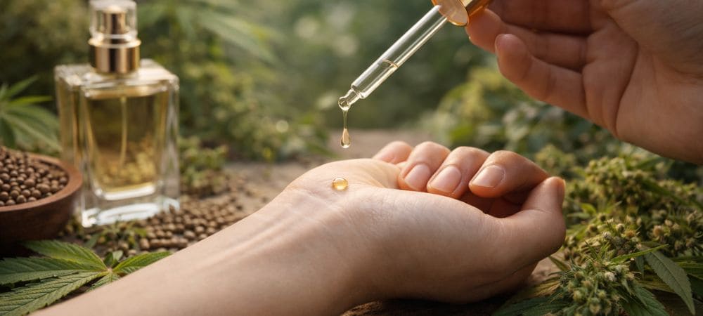 Aplicación de aceite aromático de cannabis sobre la piel con cuentagotas, rodeado de hojas y cogollos, representando el uso de fragancias naturales ricas en terpenos.