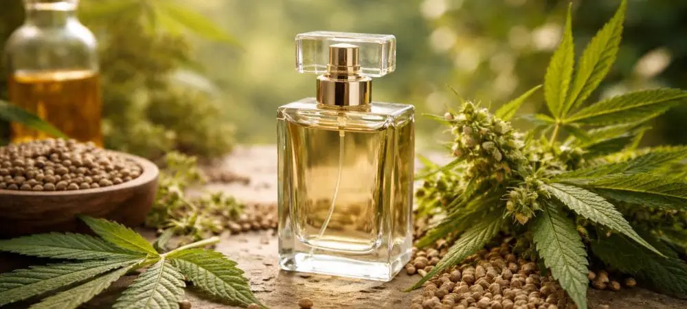Flakon eines Cannabis Parfums mit Cannabisduft, platziert zwischen Blättern, Samen und Blüten, als Illustration einer von natürlichen Terpenen inspirierten Duftkomposition.