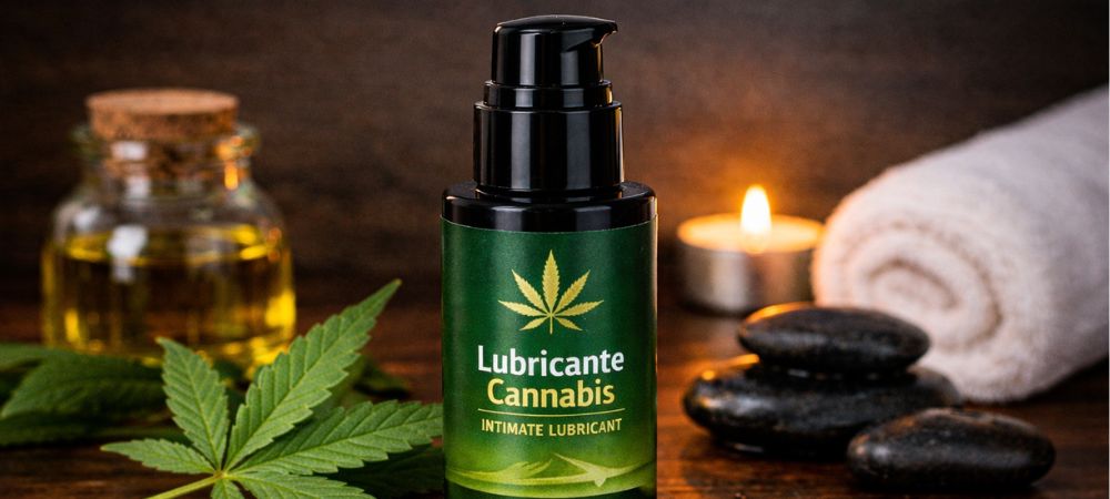 Gel lubrificante alla cannabis in flacone dosatore con elementi naturali e olio di canapa, rappresentazione di un prodotto cosmetico topico a base di CBD.