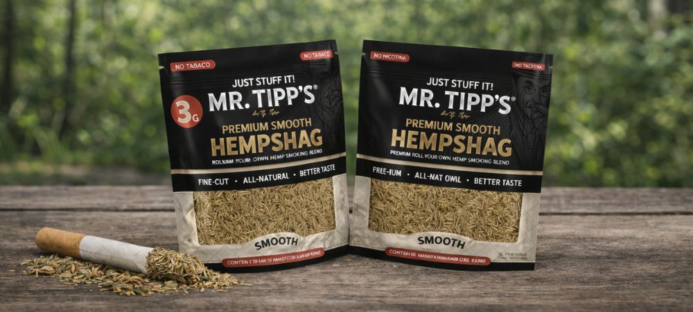 Sustituto del tabaco Mr. Tipp’s Premium Smooth Hempshag sobre superficie de madera con fondo natural desenfocado y cigarro de cáñamo liado a mano.
