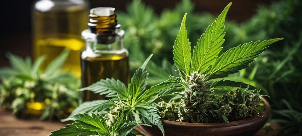 Pianta di cannabis e flaconi di olio vegetale usati come base per gel lubrificanti e prodotti intimi con derivati della canapa.