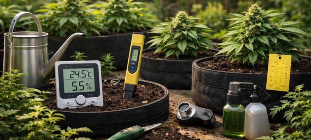 Piante di cannabis in vaso con strumenti di misurazione del pH, della temperatura e dell'umidità, che illustrano il controllo ambientale e le operazioni fondamentali della coltivazione