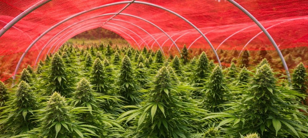 Control de plagas en cultivo de marihuana mediante malla protectora en invernadero color rojo