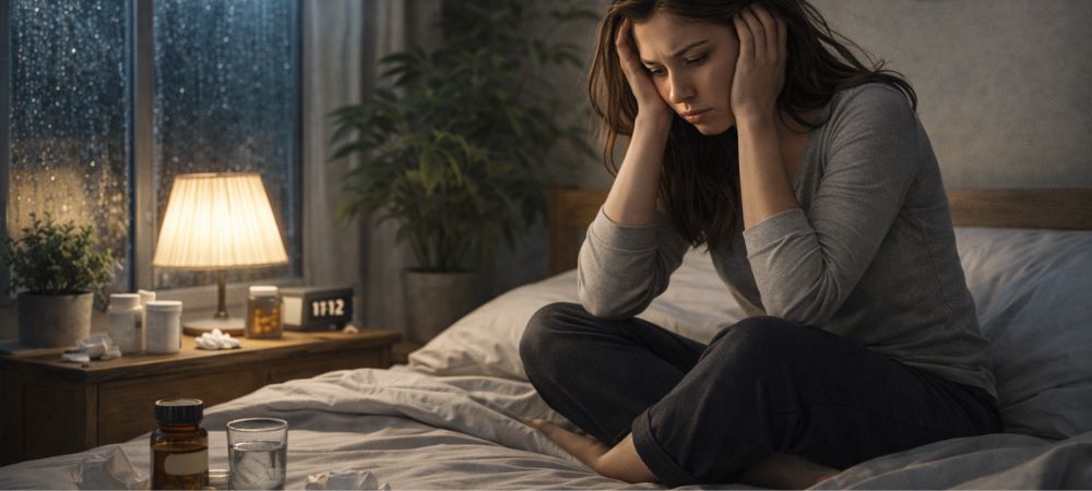 Mujer sentada en la cama con signos de ansiedad nocturna y dificultad para conciliar el descanso 