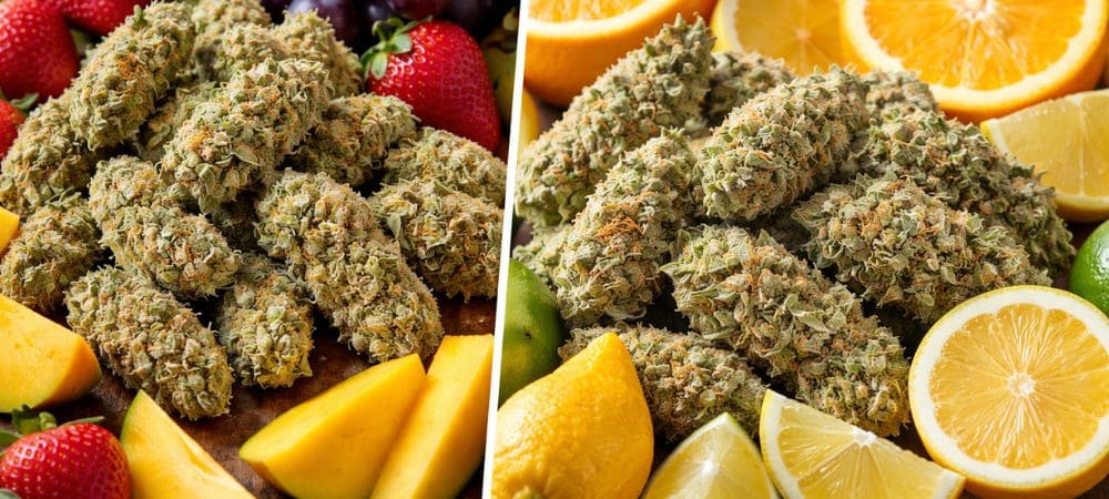 Genéticas de marihuana afrutadas vs cítricas representadas con cogollos junto a fresas, mango y limón