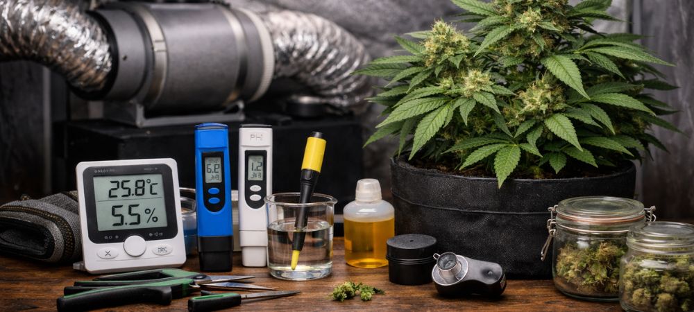 Strumenti per la coltivazione della marijuana indoor, con misuratori di temperatura e umidità, controllo del pH, ventilazione e utensili per la cura delle piante in fioritura
