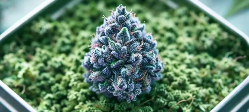 Flor de maconha azul com abundantes tricomas, estrutura compacta de tons azulados e roxos sobre fundo vegetal