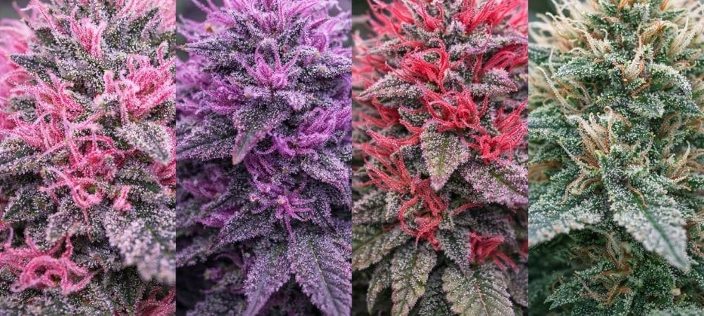Diferentes variedades de cannabis mostrando cogollos con pistilos rosas, morados y verdes durante la floración
