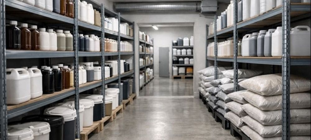 Stoccaggio di fertilizzanti con scaffalature per fusti e sacchi di materie prime organizzati per la distribuzione