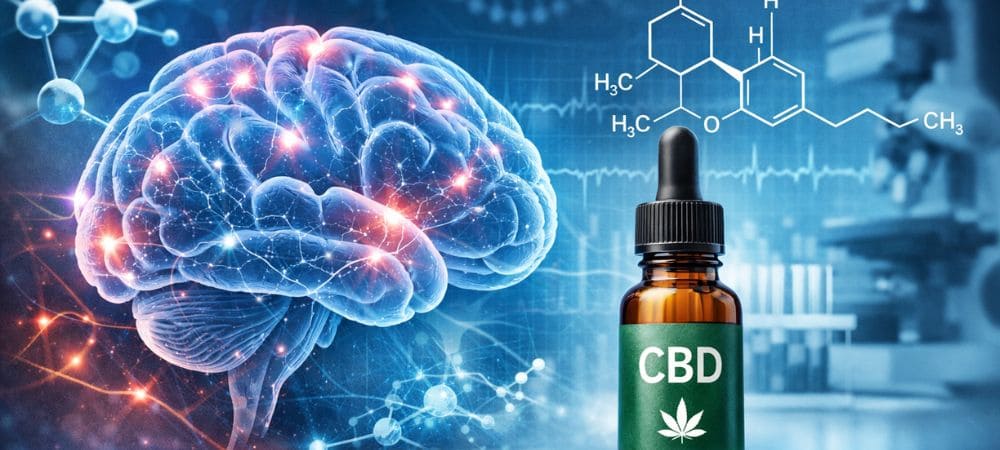 CBD efectos cerebro representados con actividad neuronal y aceite de cannabidiol
